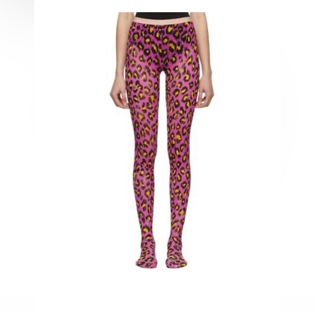 ORIGINAL GUCCI WOMEN'S PINK YELLOW BLOSSOM GG LEOPARD PRINT TIGHTS  (MEDIUM)